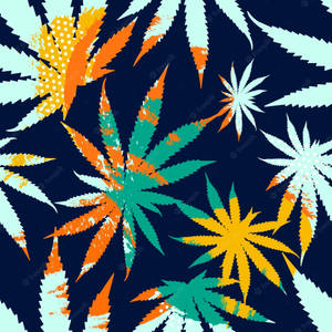 在深藍色背景上，大膽多彩的大麻葉圖案，帶有磨損紋理。 — 植物美學 壁紙