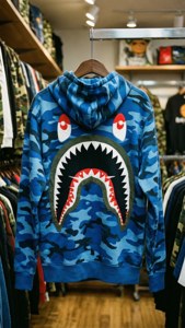 藍色迷彩連帽衫，帶鯊魚嘴設計，掛在服裝店中。 — Bape 動態 壁紙