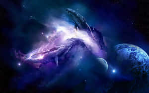 鯨魚在深空行星附近的發光宇宙星雲中游泳。 — 宇宙美學 壁紙