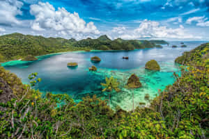 熱帶潟湖，碧綠色湖水，綠島，藍天白雲。 — 藍天 壁紙