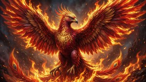 一隻神話中的鳳凰被火焰吞沒，火焰般的翅膀張開。 — 5K 壁紙