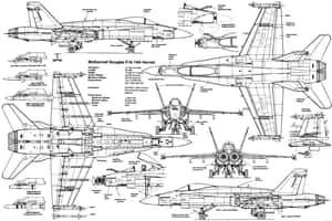 F/A-18A 大黃蜂戰鬥機的技術圖紙，附有標籤的組件和規格。 — 繪畫 壁紙
