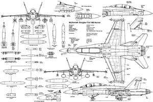 F/A-18 大黃蜂戰鬥機的技術線圖，帶有標籤的組件和規格。