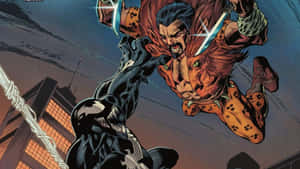 Venom 在黃昏的城市中與貓超級英雄戰鬥。 — 漫威反派 壁紙