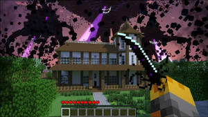 Minecraft中的玩家在夜間靠近房屋與怪物戰鬥。 — 凋零風暴 壁紙