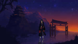 身穿黑色斗篷的動漫忍者站在黃昏的鳥居前，背景是山寺和星空。 — 火影忍者 壁紙
