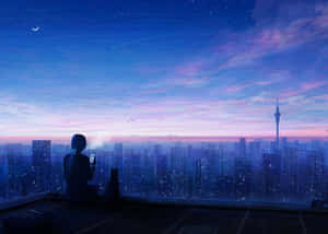 星空下，黃昏時在屋頂上與貓一起觀看城市天際線的人。 — 月夜星空 壁紙