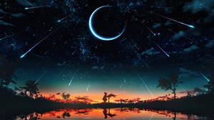 一個人和一隻貓在湖邊的剪影，背景是星空、流星和新月。 — 高畫質月亮 壁紙