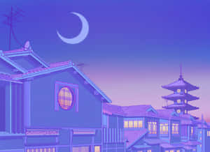 夜晚的日本小鎮，發光的窗戶和一彎新月。 — 紫色動漫美學 壁紙