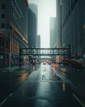 黃昏時分的雨城市街道，高樓大廈和明亮的燈光反射在潮濕的路面上。 — 城市 壁紙