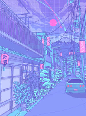 一條賽博龐克風格的動漫街道，有霓虹燈招牌和一輛停在粉紅色太陽下的汽車。 — iPad 第9代 壁紙