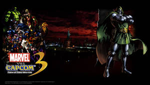 Marvel vs Capcom 3 遊戲封面，英雄們在黑暗的城市景觀上空面對末日博士。 — 漫威復仇者聯盟 壁紙