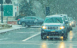 黃昏時分，汽車在濕漉漉的城市街道上冒著大雪行駛。 — 黃昏 壁紙