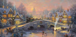 黃昏時分，人們在石橋附近溜冰和騎馬的雪景村莊場景。 — 黃昏 壁紙