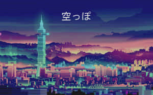 帶有霓虹燈和夜間發光塔的故障藝術城市景觀。 — 日式自然壁紙