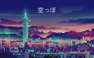 日落時分的故障霓虹城市天際線，發光的塔樓和日文字。 — 4K 佐助 壁紙