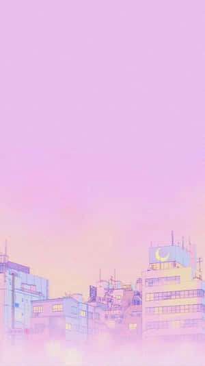 黃昏的動漫城市景觀，粉紫色天空，屋頂上閃耀的月亮。 — 粉嫩粉彩美學 壁紙