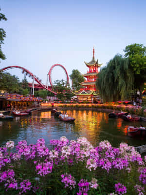 黃昏時分的遊樂園，發光的寶塔和紅色雲霄飛車，池塘上的船隻和紫色花朵。 — 湖泊 壁紙