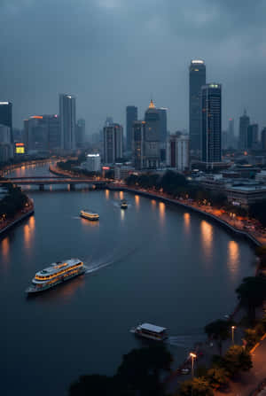 黃昏時分的城市河流，船隻和高樓被路燈和窗戶照亮 — 極高畫質 壁紙