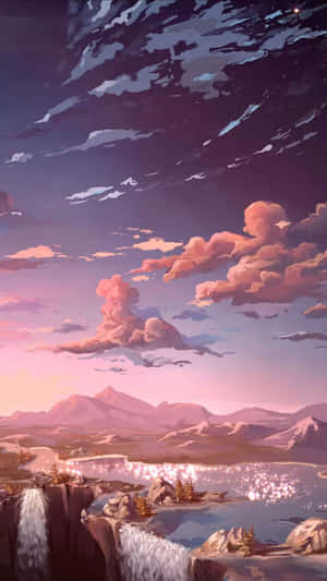 發光的瀑布和粉紫色雲彩的黃昏山谷。 — 自然風景動圖 壁紙
