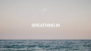 黃昏時分的海洋地平線，文字 breathing in 置於水面中央上方。