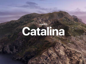 黃昏時分崎嶇的山景，帶有 macOS Catalina 文字疊加。 — macOS Catalina 壁紙