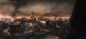 黃昏時被摧毀的城市，廢墟中升起火焰和煙霧。 — 電玩遊戲 GIF 壁紙
