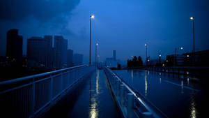 黃昏時分被雨水浸濕的城市橋樑，發光的街燈映照在濕滑的路面上。