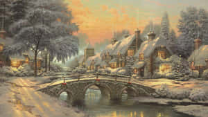 雪村，發光的窗戶和河上的石橋，黃昏時分。 — 黃昏 壁紙