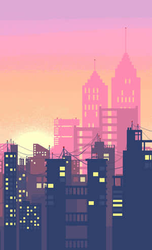 黃昏時分的像素化城市天際線，閃爍的窗戶和粉橙色天空。 — Galaxy Tab S10+ 壁紙