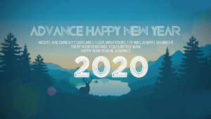 一隻鹿站在黃昏時分山中的湖邊，帶有「2020」和新年祝福文字。 — 新年快樂 2020 壁紙
