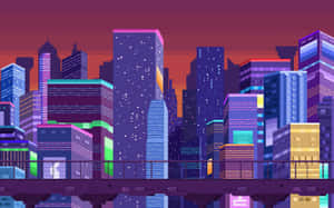 日落時的像素化城市天際線，發光的建築物和橋樑。 — 像素 壁紙