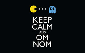 Pacman 和鬼魂，帶有 'keep calm and om nom' 文字 — 遊戲玩家標誌 壁紙