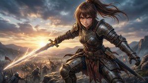 身穿盔甲的女戰士在日落戰場上揮舞著發光的劍。 — 動漫女孩 壁紙