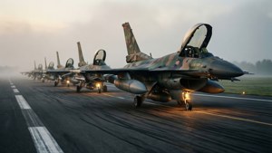 電影感十足的黎明場景，軍用戰機停駐在霧氣籠罩的跑道上 — 伸展台 壁紙