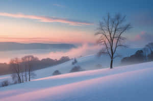 雪丘上的孤樹，黎明，霧谷，柔和天空 — 丘陵景觀 壁紙