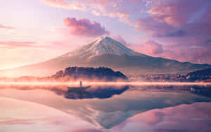 霧湖上小船中的人，黎明時富士山倒映在水中。 — 山景 壁紙