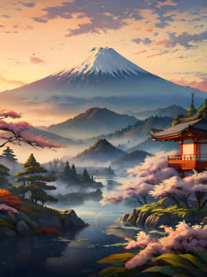 白雪覆蓋的富士山在日出時分從霧氣瀰漫的湖畔寺廟和櫻花後方升起 — 極高畫質 壁紙