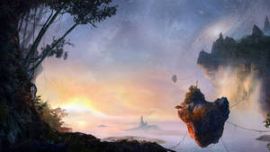 在神秘的黎明景觀中，浮島伴隨著霧氣和星星。 — 潘朵拉 壁紙