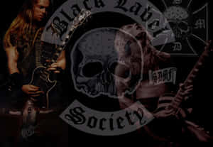 Black Label Society 金屬樂隊標誌，帶有吉他手和骷髏設計。 — AMOLED 壁紙