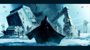 黑武士站在雪中，AT-AT步行機和戰鬥機器人在科幻戰鬥場景中前進。 — 星際大戰 壁紙