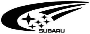 Subaru標誌，五顆星和翼形設計，黑白配色。
