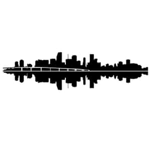 黑色城市天際線倒映在水中，白色背景。 — 邁阿密 壁紙