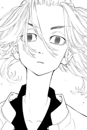 黑白線條藝術中，頭髮凌亂、表情嚴肅的動漫角色。 — 2:3 壁紙
