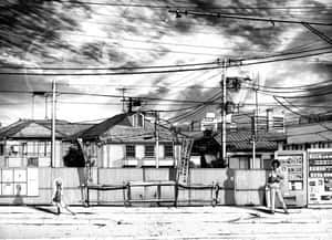 兩個動畫角色在雜亂的城市街道上，有電線和自動販賣機。 — 日式暗黑 壁紙