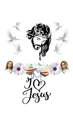 黑白宗教插圖，包含耶穌、白鴿、花卉，以及手持帶有 'I heart Jesus' 文字的玫瑰經念珠。 — 耶穌手機 壁紙