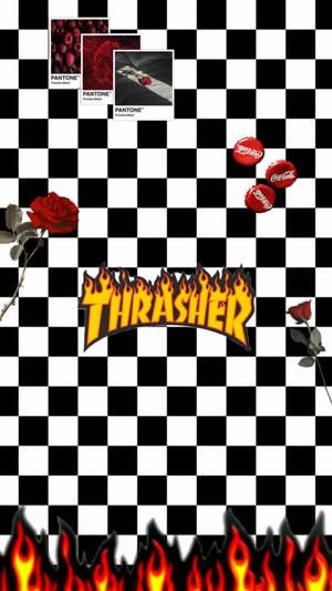 黑白格紋桌布，帶有火焰Thrasher標誌和紅玫瑰。 — 懲罰者標誌 壁紙