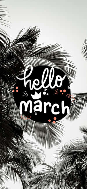 棕櫚葉框住一個黑色圓圈，上面有白色文字寫著 hello march 和粉紅色點。 — iPhone 16 Plus 壁紙