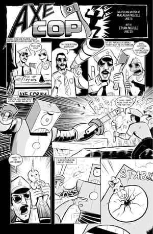 Axe Cop 在漫畫格中與一隻抱著獨角獸寶寶的巨型機器人戰鬥。 — 漫畫 壁紙