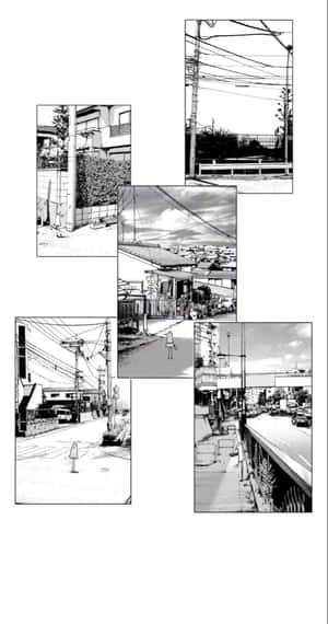 黑白漫畫格顯示城市街道、房屋和遠山。 — 動漫男孩暗黑 壁紙